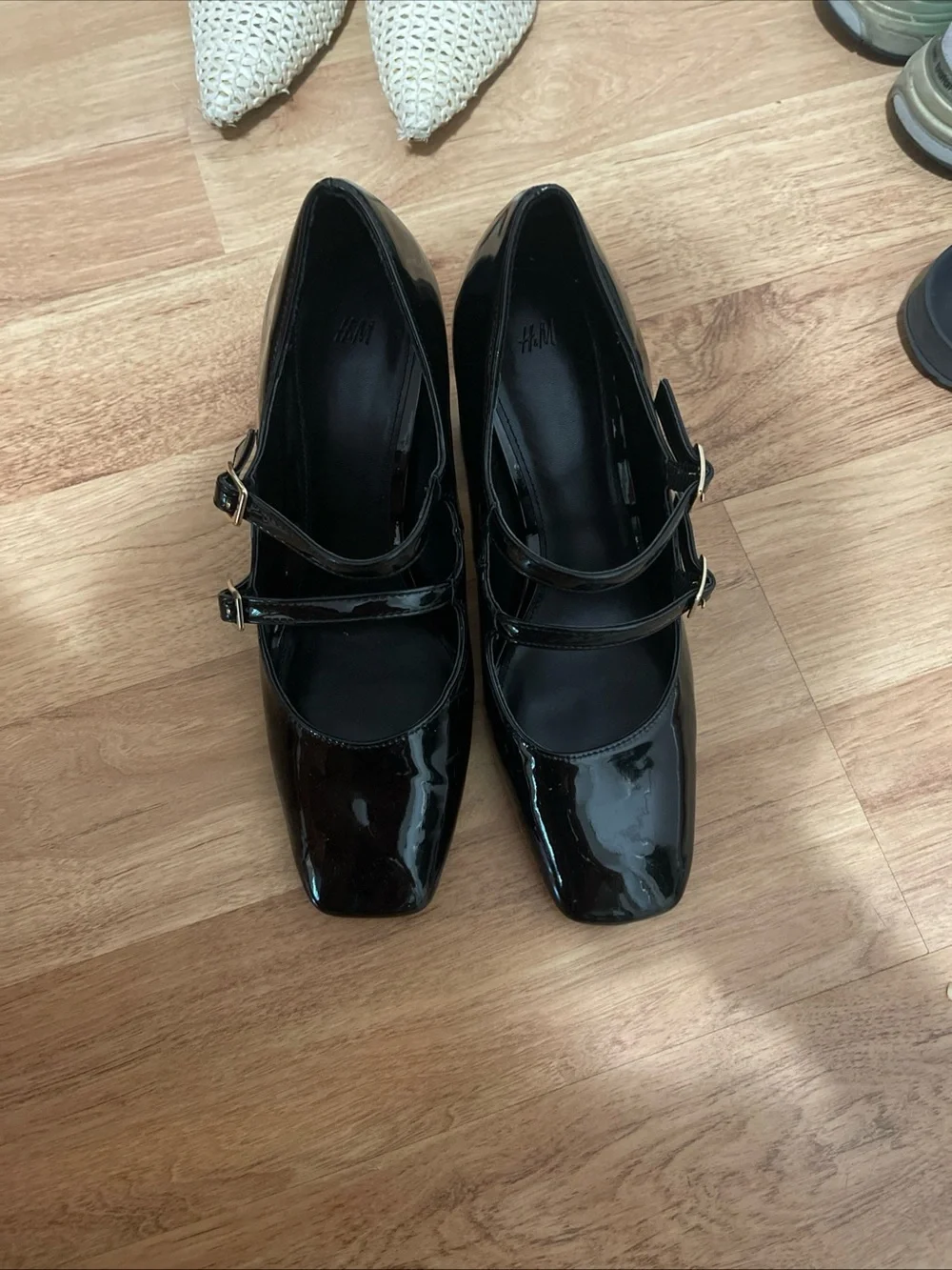 H&M Black Patent Double-Strap Mary Jane Block Heels